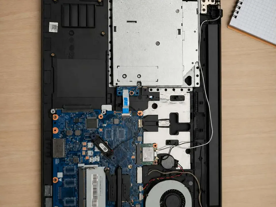 Rozłożony laptop — płyta główna i chłodzenie po demontażu