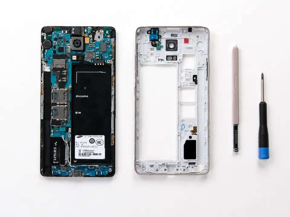 Rozłożony smartfon podczas naprawy — płyta główna i rama obudowy